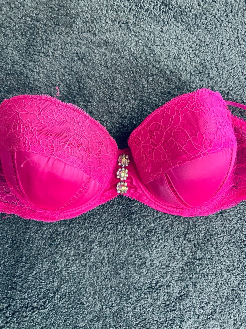 Women's 36C Hot Pink Sexy Lace Push-Up Bra with Rhinestone Embellishments